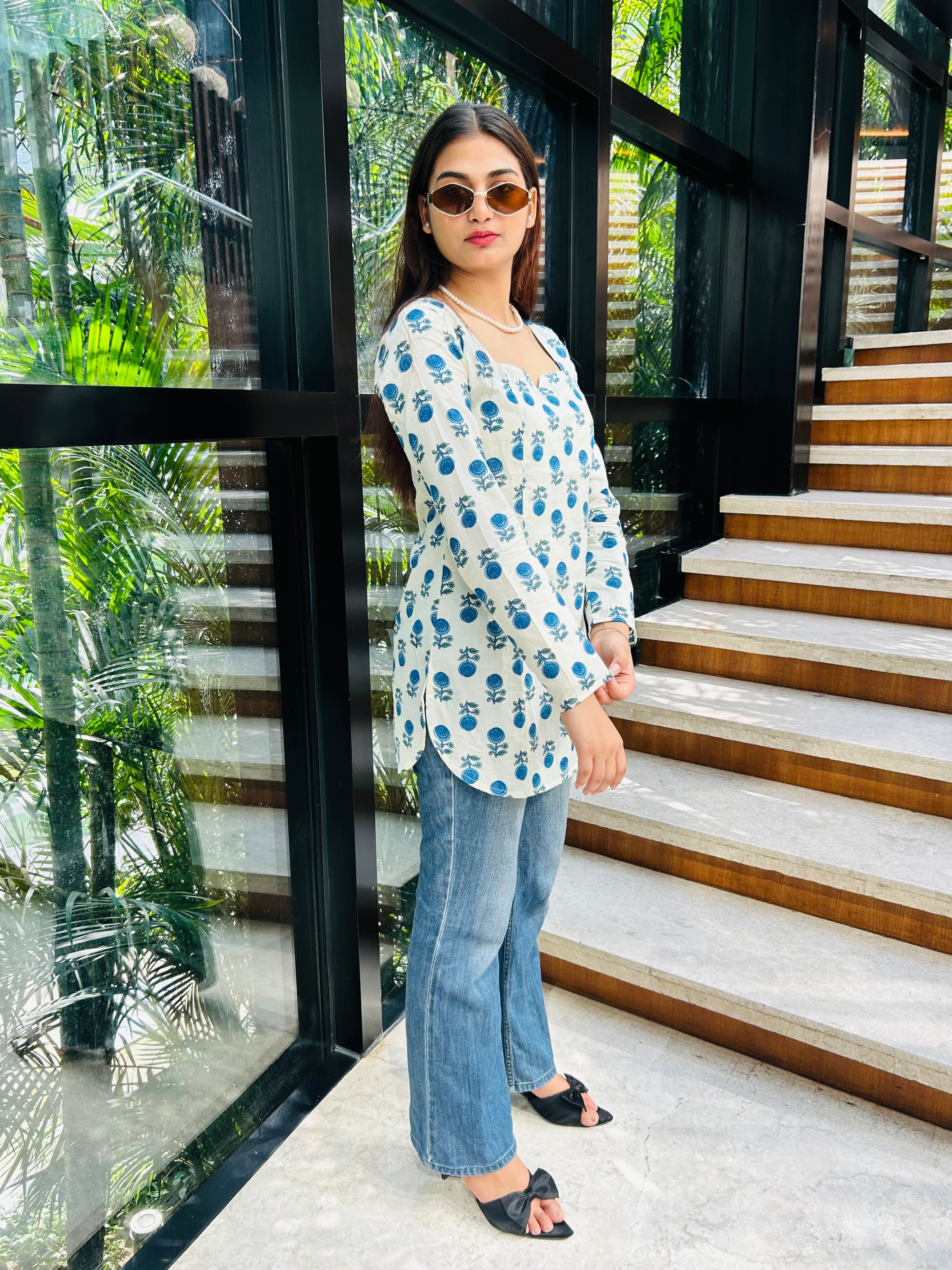 Vasanti Floral /Sky Blue /Ethnic Kurti Tie Back