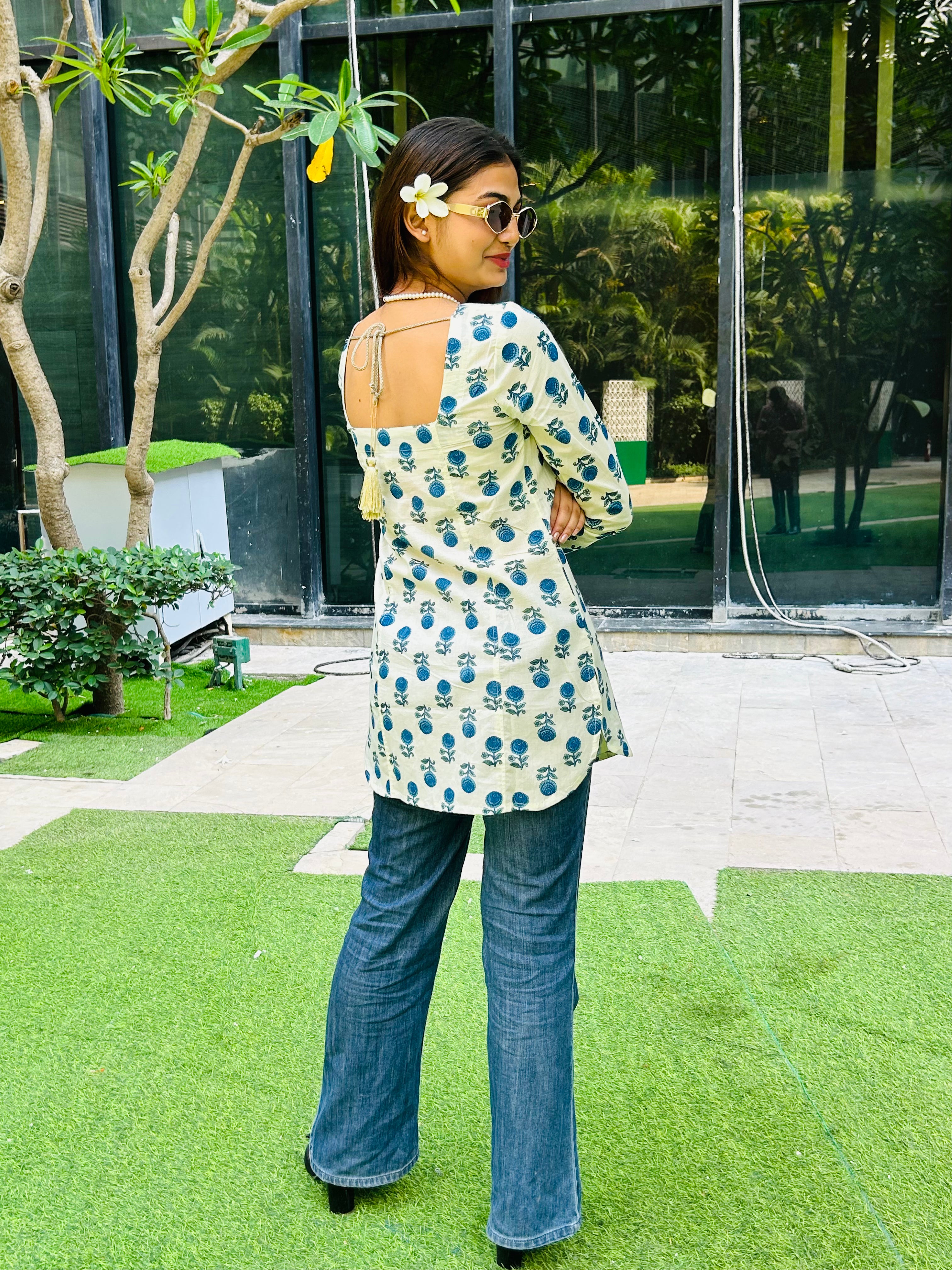 Vasanti Floral /Sky Blue /Ethnic Kurti Tie Back