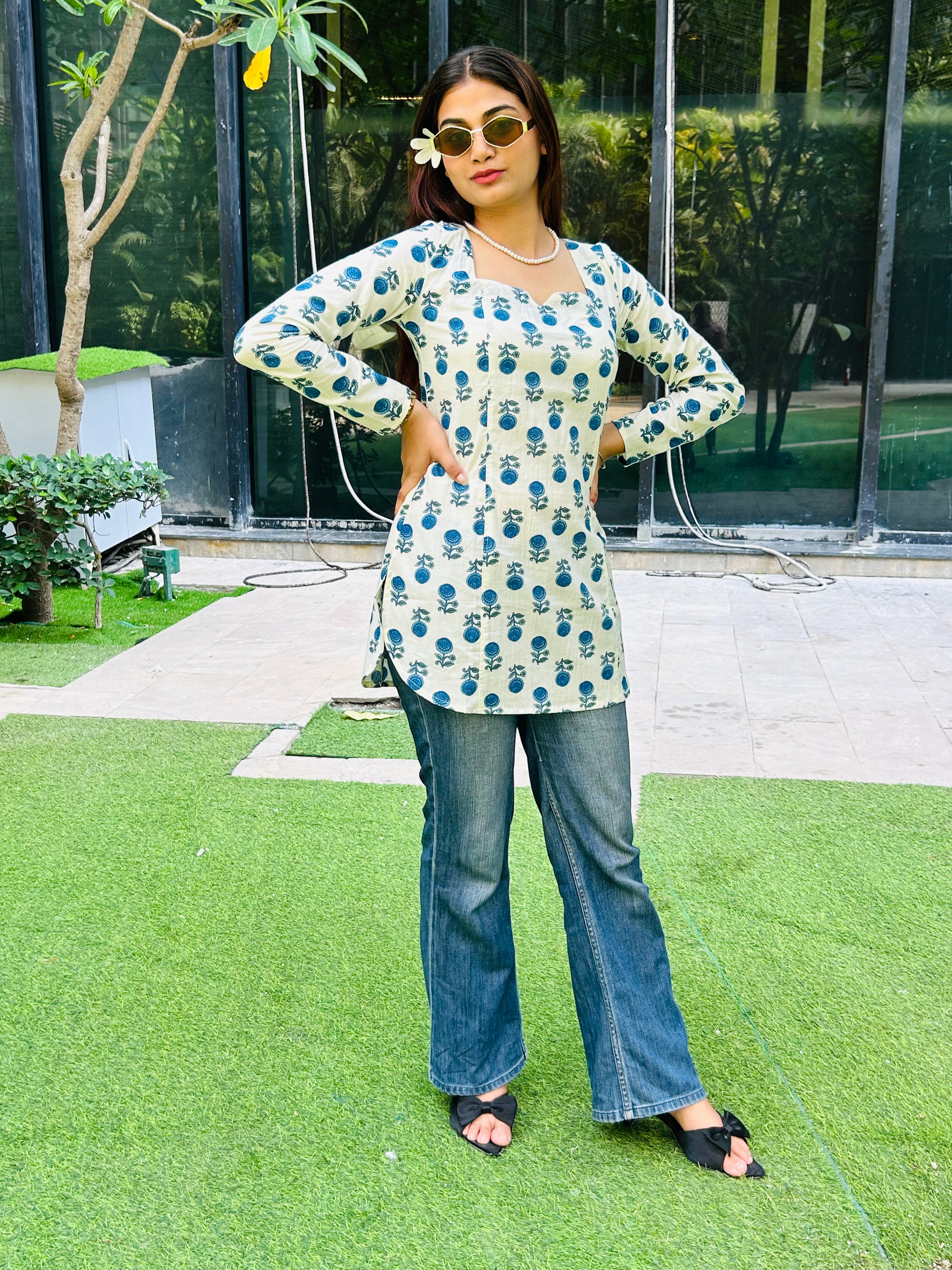 Vasanti Floral /Sky Blue /Ethnic Kurti Tie Back
