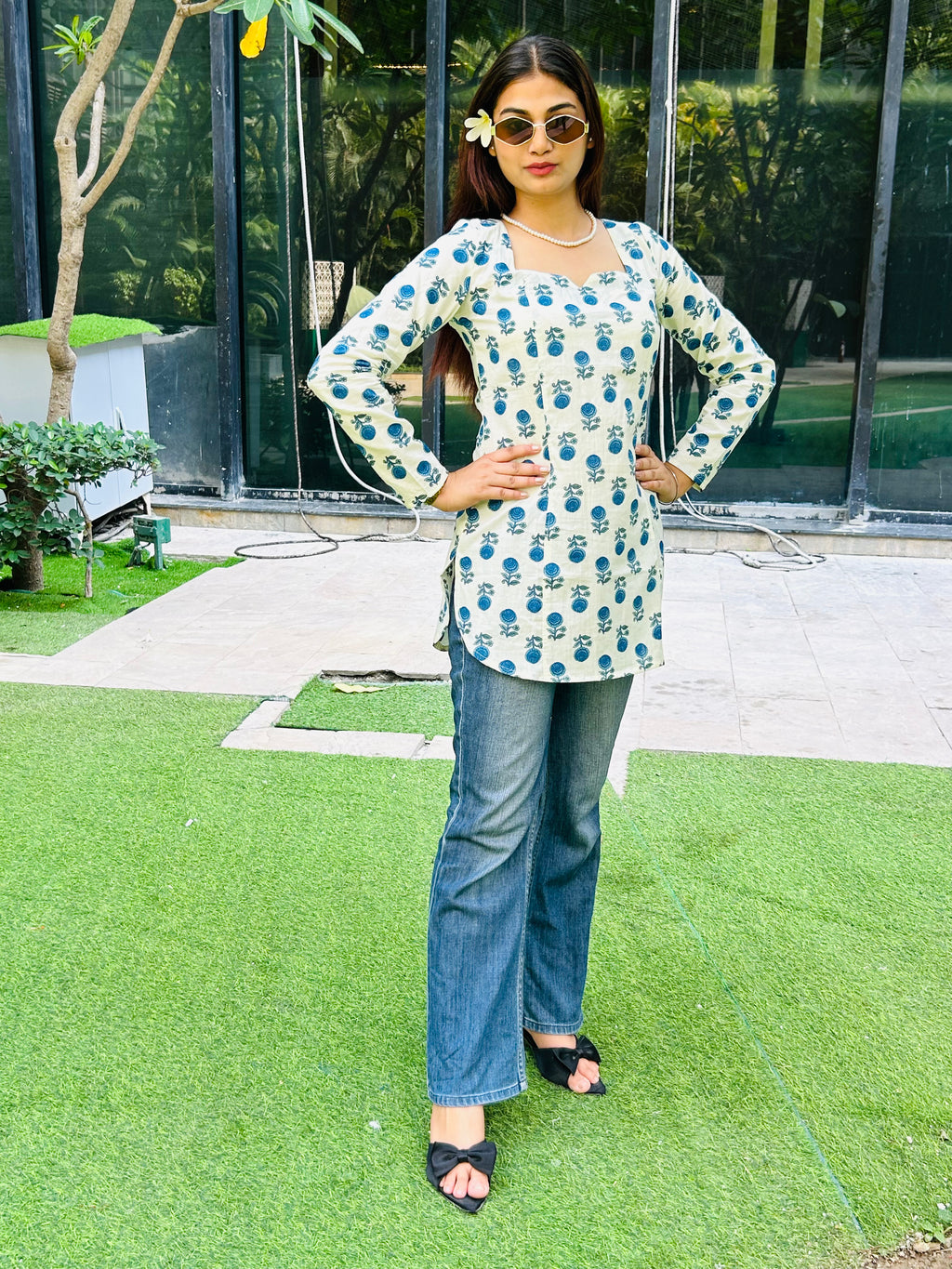 Vasanti Floral /Sky Blue /Ethnic Kurti Tie Back